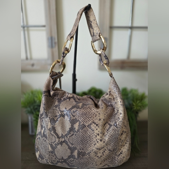 Michael Kors Leather Snakeskin Embossed Hobo Bag With Gold MK Charm - Picture 9 of 12